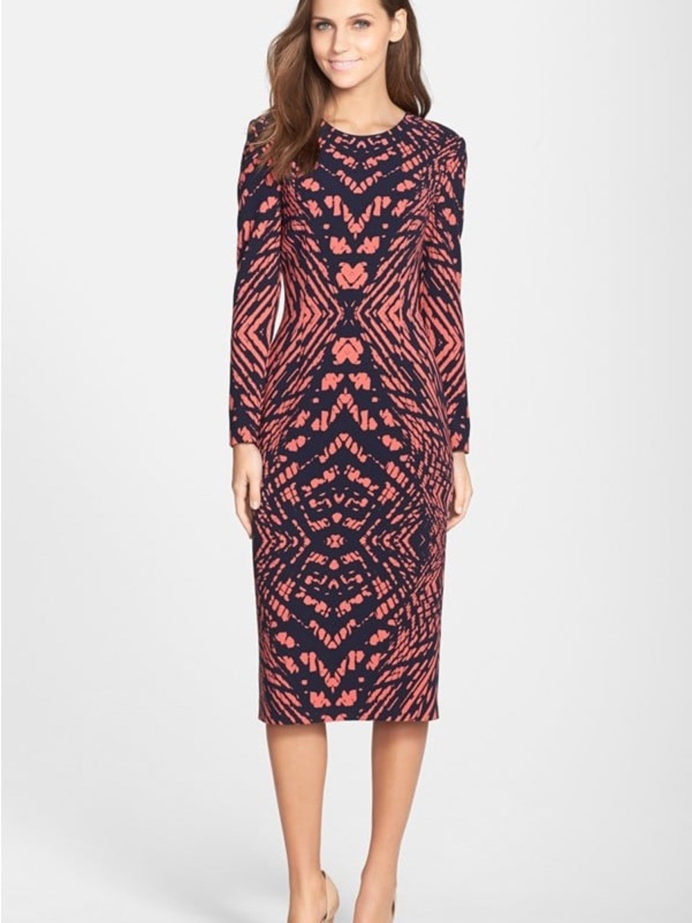 Maggy London Black & Coral Geometric Long-Sleeve Shift Dress
